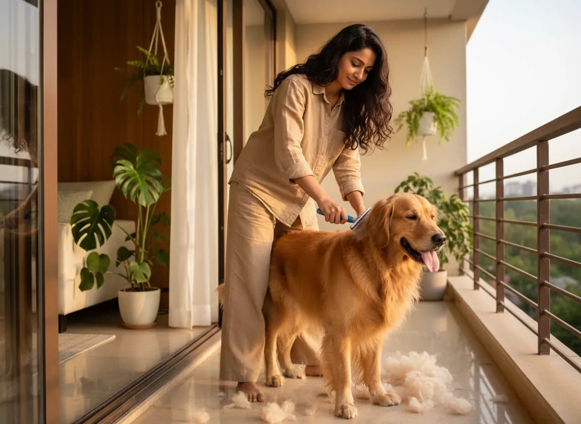 Brushing a golden retriever’s thick coat with an undercoat rake, loose fluffy undercoat on the floor