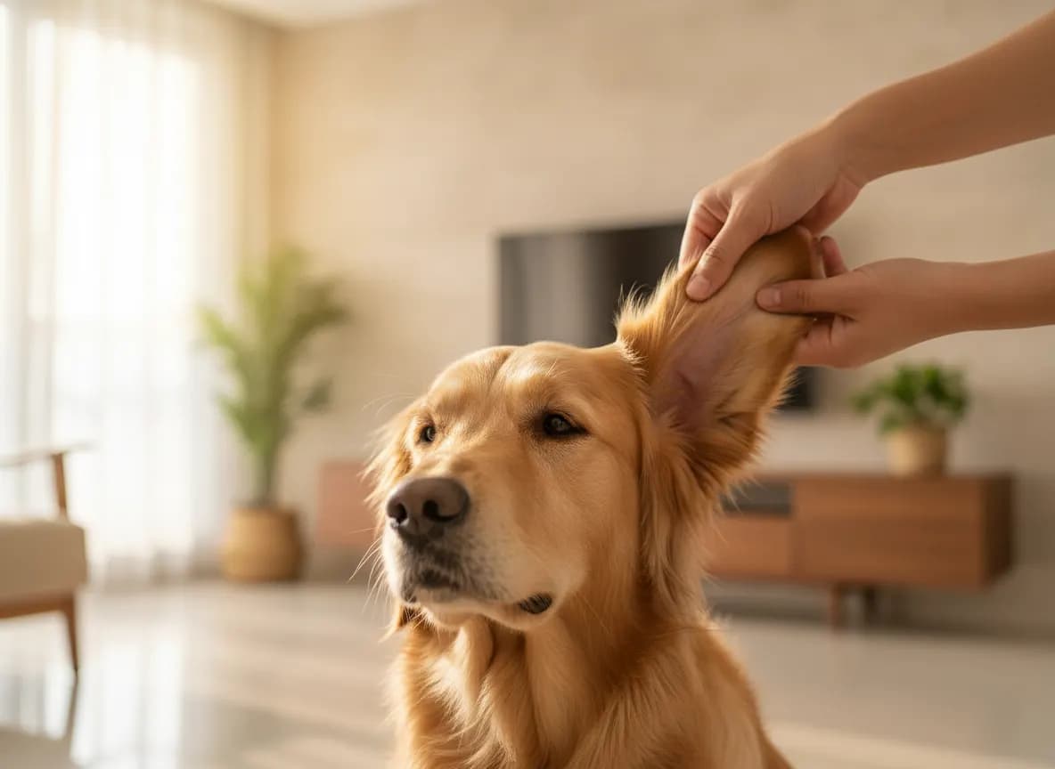 Hands gently lifting a golden retriever’s floppy ear to check inside