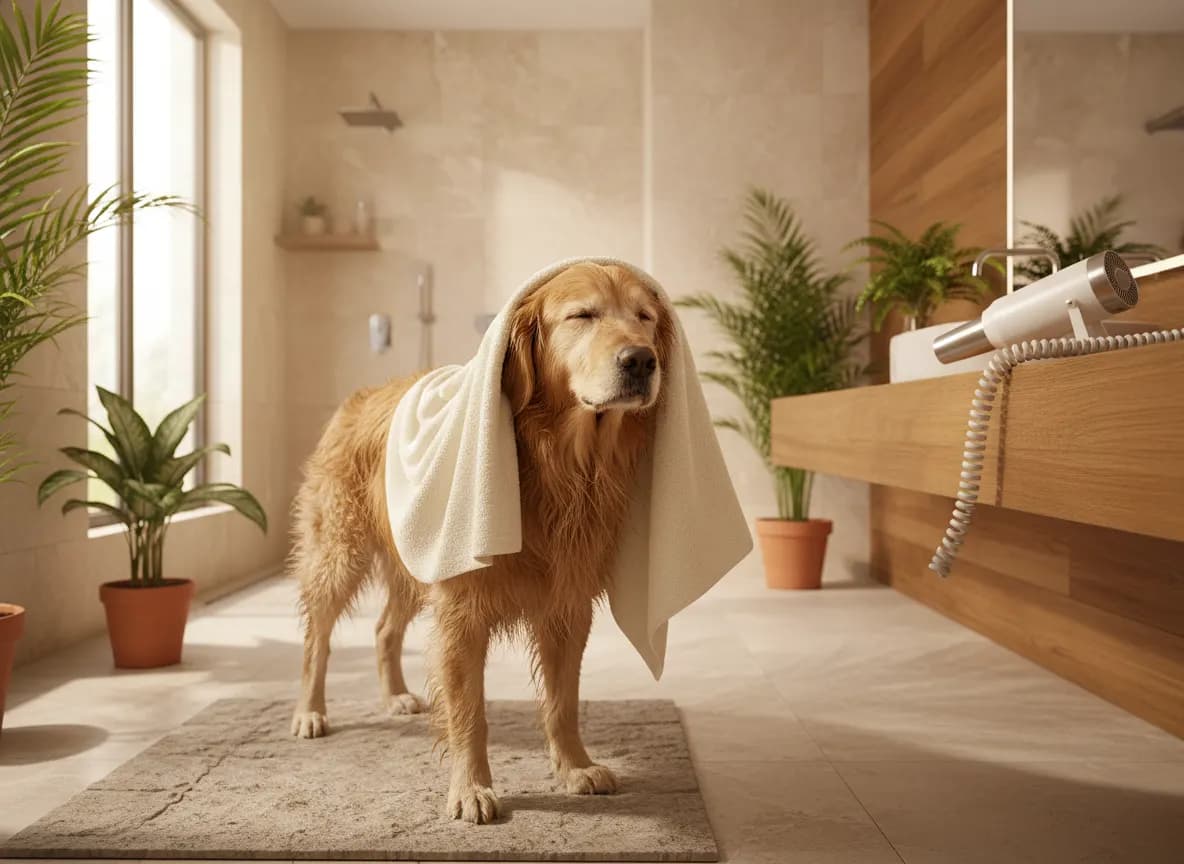 A golden retriever being towel-dried after a bath with a pet dryer nearby