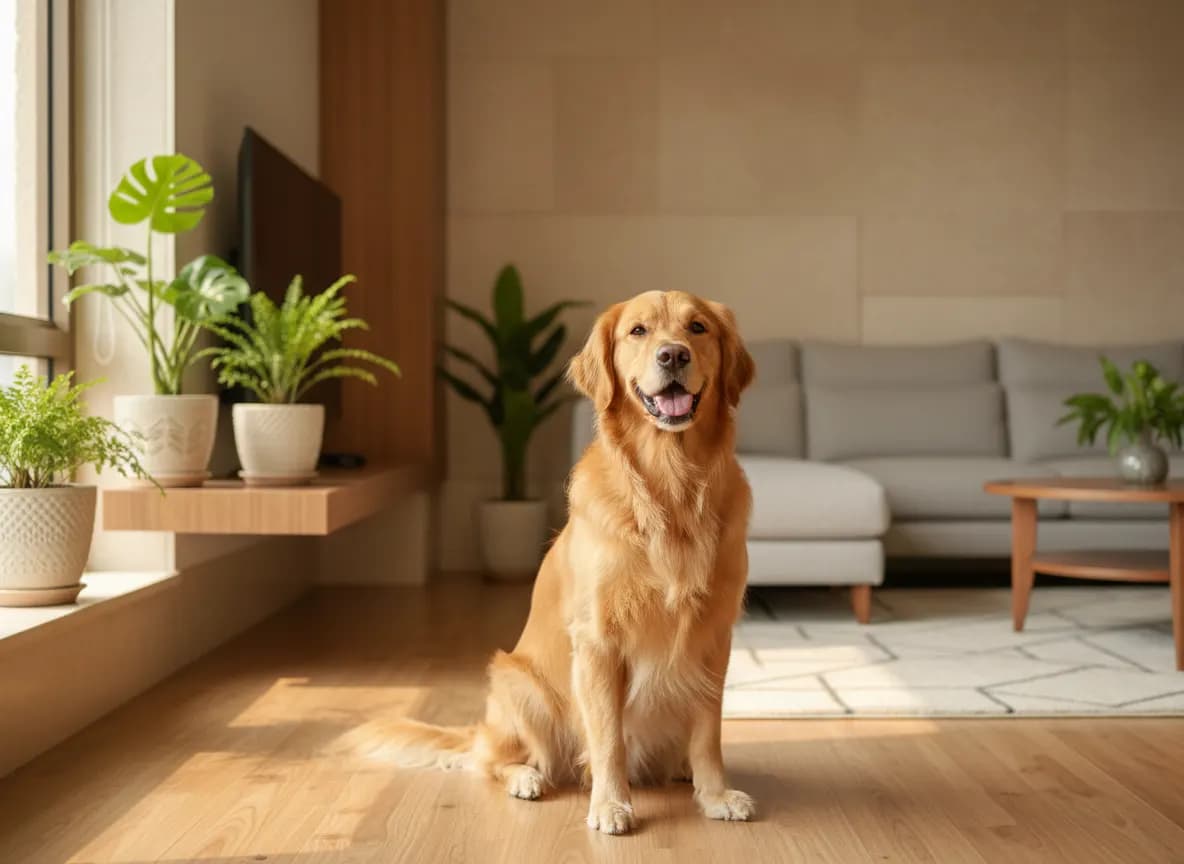 A happy golden retriever with a glossy, brushed feathered coat sitting in a sunlit living room