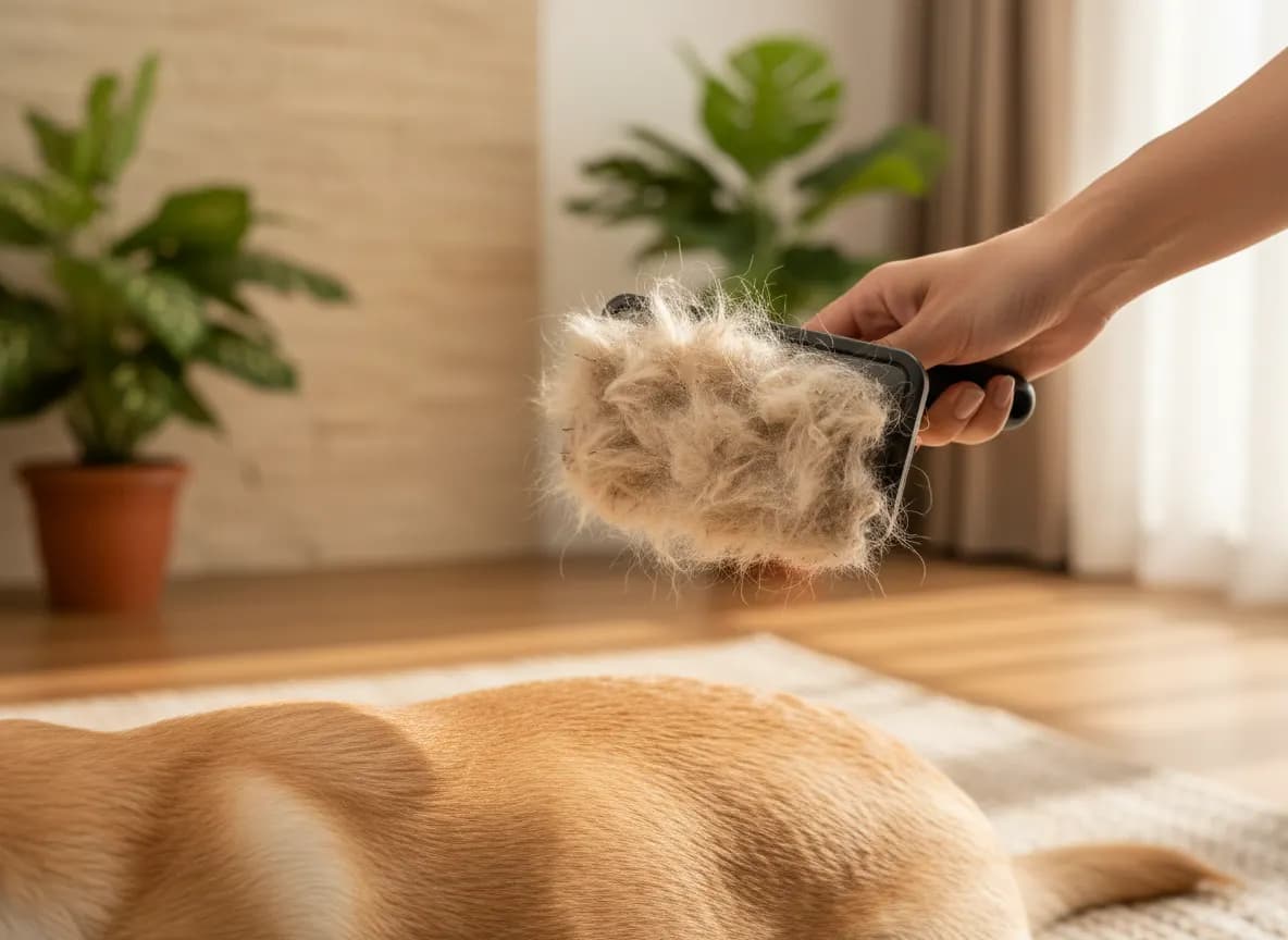 A deshedding brush full of loose undercoat held above a dog’s back