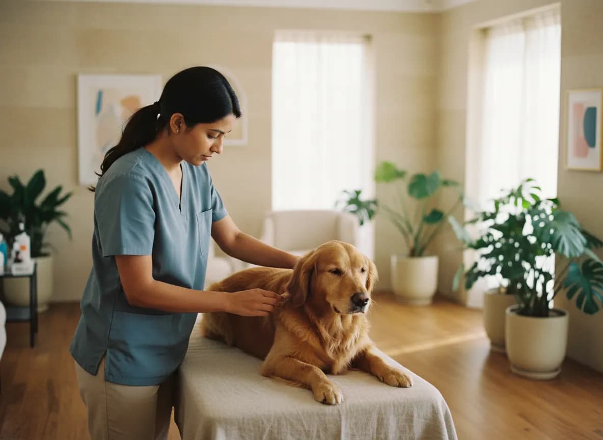 A veterinarian gently checking a golden retriever’s coat and skin at home