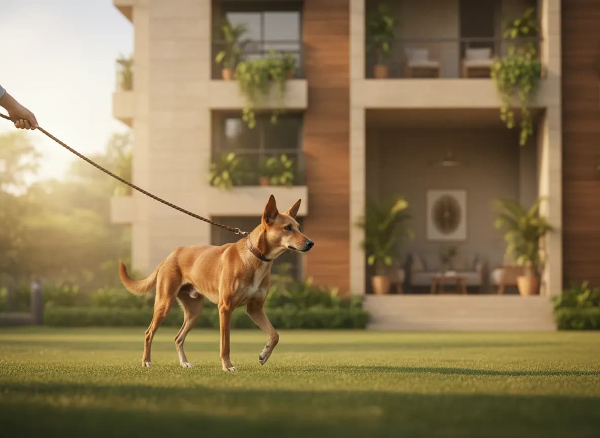 A healthy indie dog with a smooth, shiny coat on a morning walk in a green Indian city park