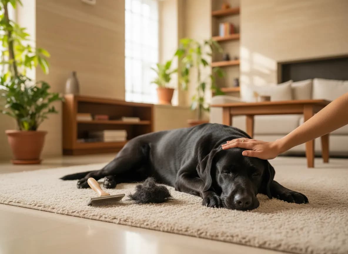 A black labrador lying on a rug beside a deshedding brush and a small pile of shed hair