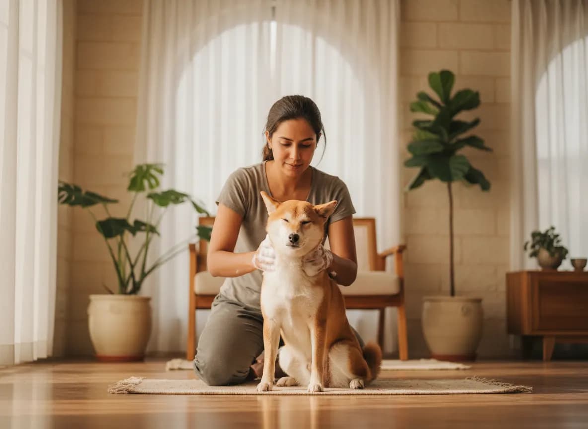 A woman massaging a light foam into the coat of a calm Shiba Inu on a wooden floor