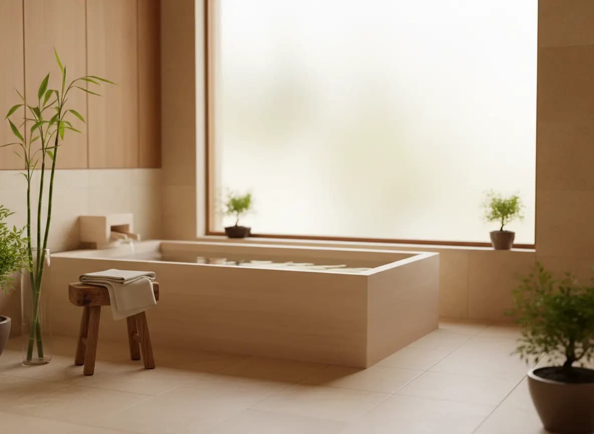 A pale hinoki wood bath tub beside green bamboo stems and a folded towel in a calm, minimal bathroom