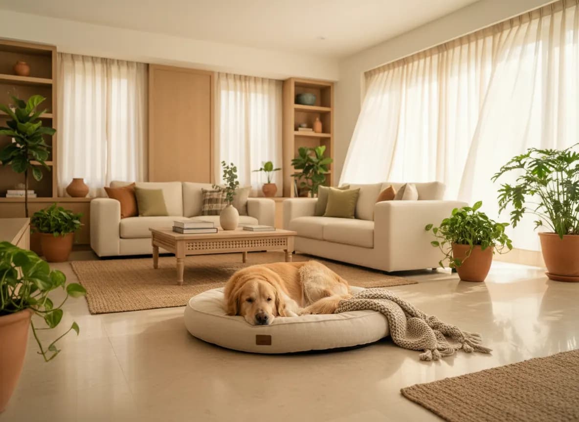A bright, airy living room with open windows and a clean dog resting on a freshly made dog bed