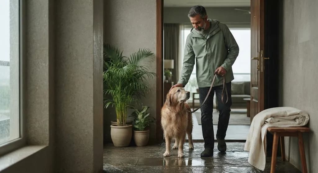 A man bringing a rain-soaked golden retriever indoors after a monsoon walk