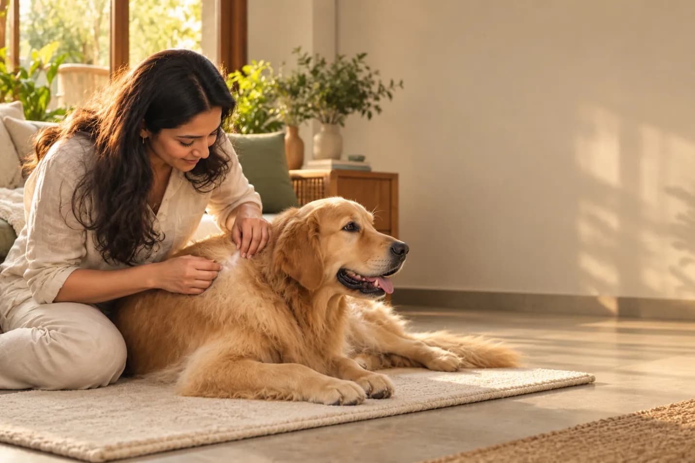 A woman checking her golden retriever's coat and skin on a rug in a sunlit living room