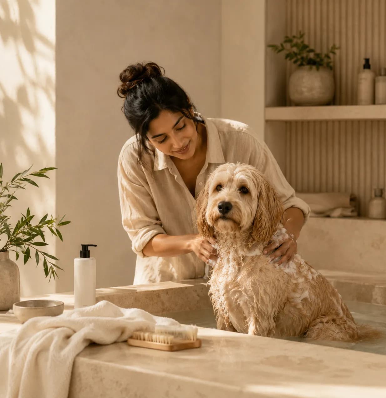 A dog being gently bathed in a bright, minimal bathroom