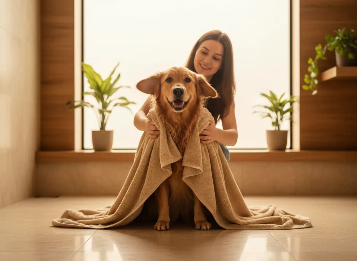 A happy golden dog wrapped in a large towel being rubbed dry by its owner on a bathroom floor