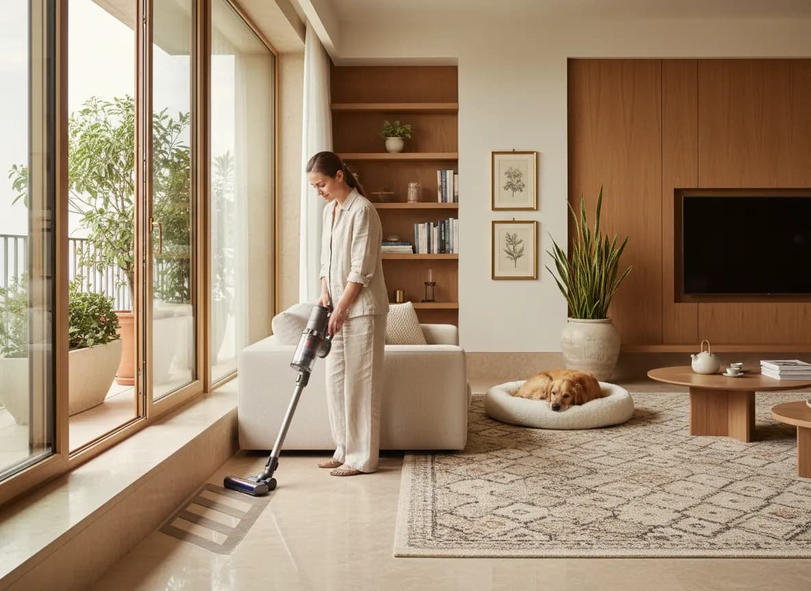 A woman vacuuming along the sofa and wall edges while her dog rests on a clean bed