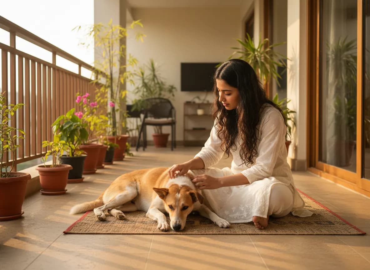 A woman carefully checking her calm indie dog’s neck for ticks while sitting together on a balcony