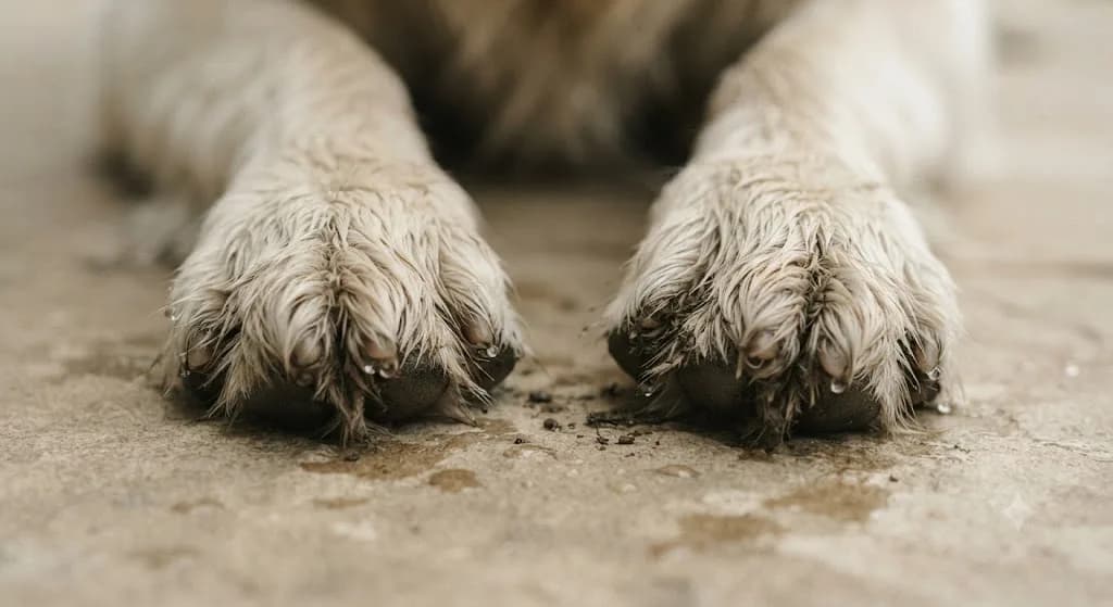 Close-up of a dog's muddy, rain-soaked paws on a stone floor