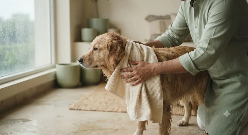 A person towel-drying a golden retriever's damp coat beside a rain-streaked window