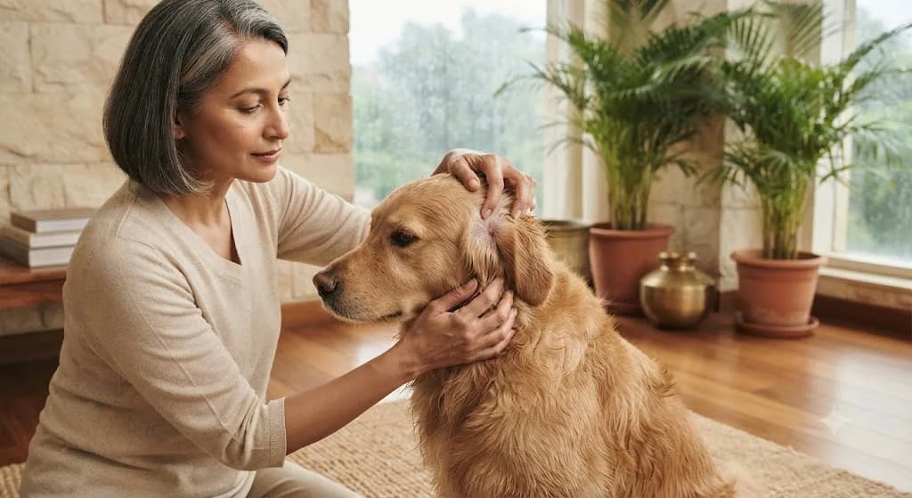 A woman gently checking her golden retriever's coat and ears after a rainy walk