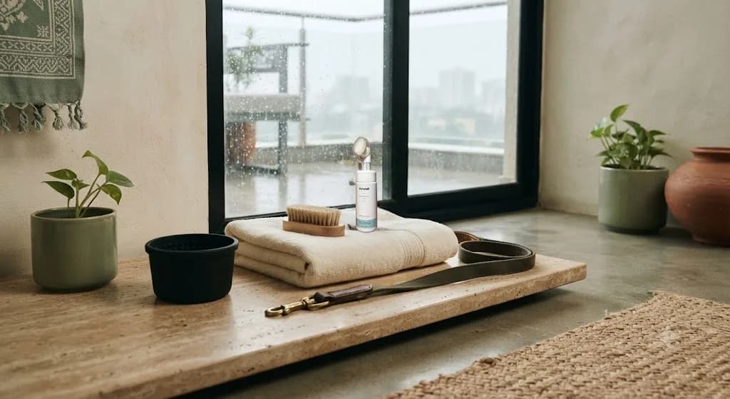 A flat-lay of grooming essentials - towel, brush, paw cleaner and leash - beside a rain-streaked window