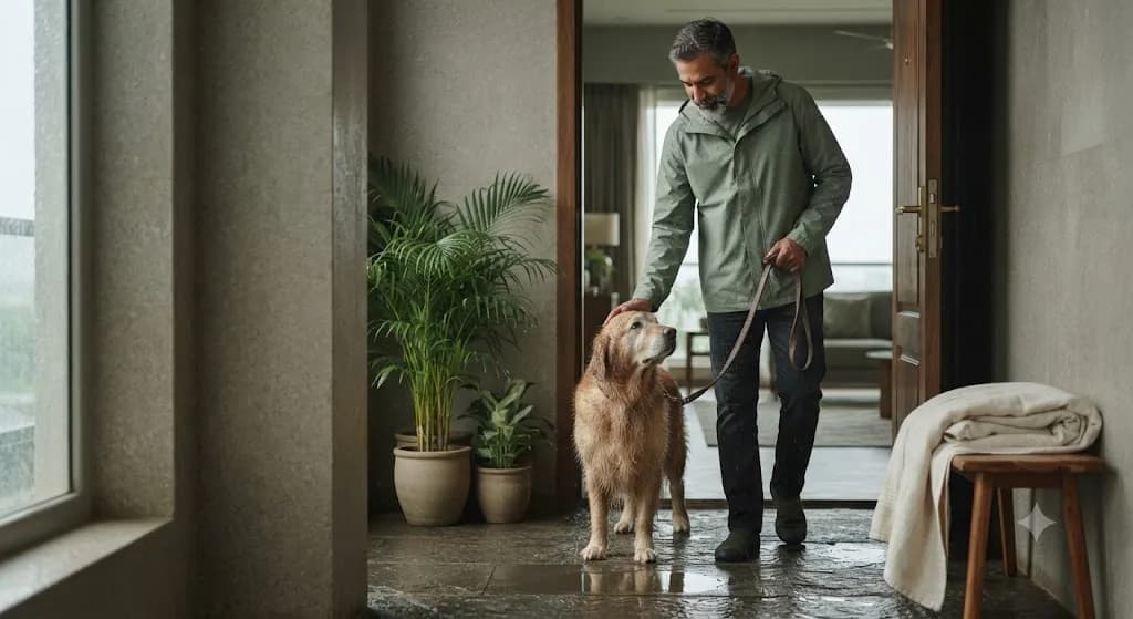 A man in a raincoat drying a wet golden retriever by the front door after a monsoon walk