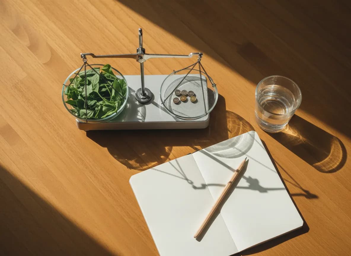 A small dish of leaves being weighed on a balance beside a notebook