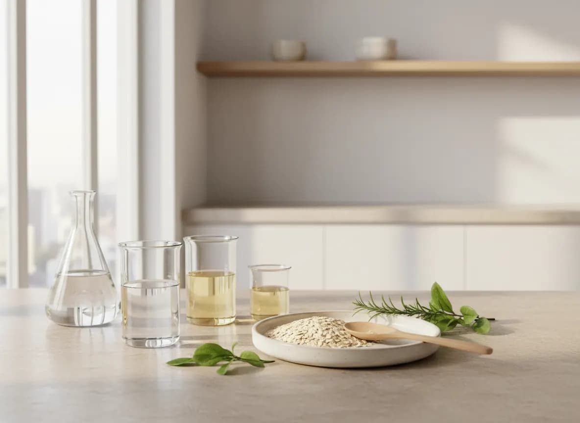 Botanical ingredients and small glass beakers arranged on a sunlit stone counter