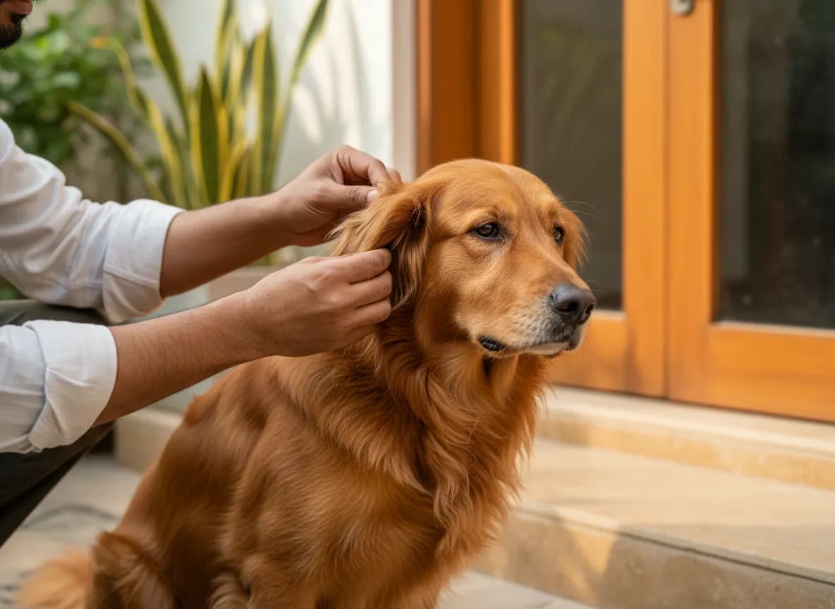 A man parting the fur behind his dog’s ear to check for ticks