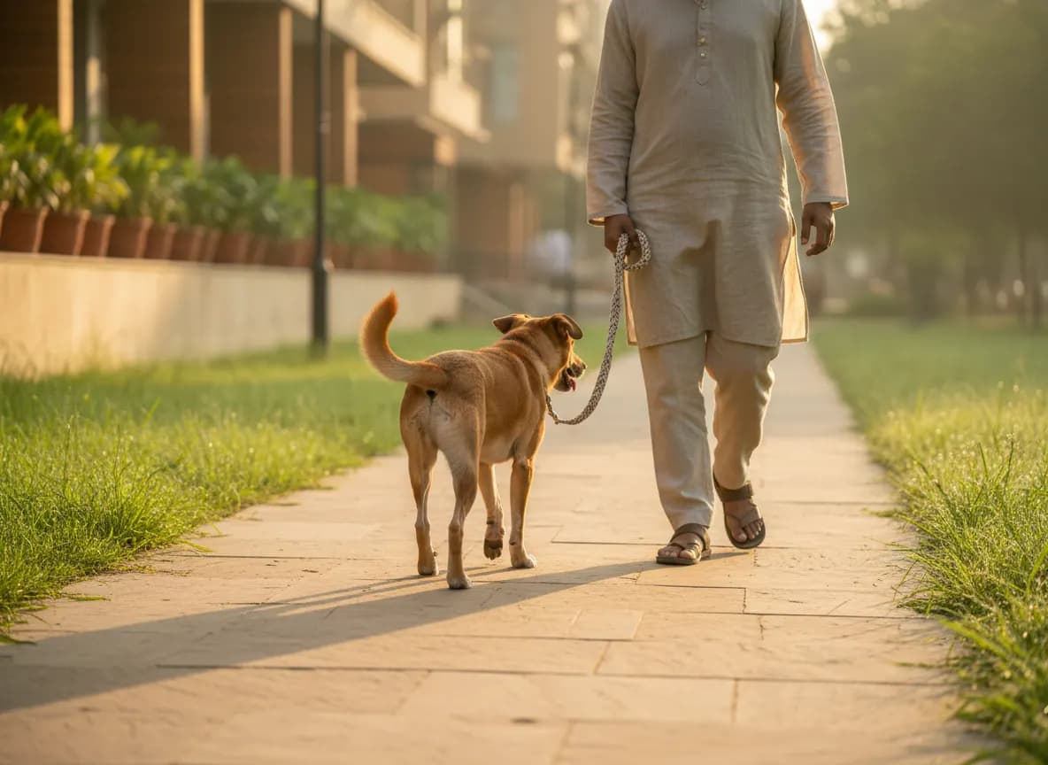An Indian dog walking through a sunny park path with its owner, long grass on either side