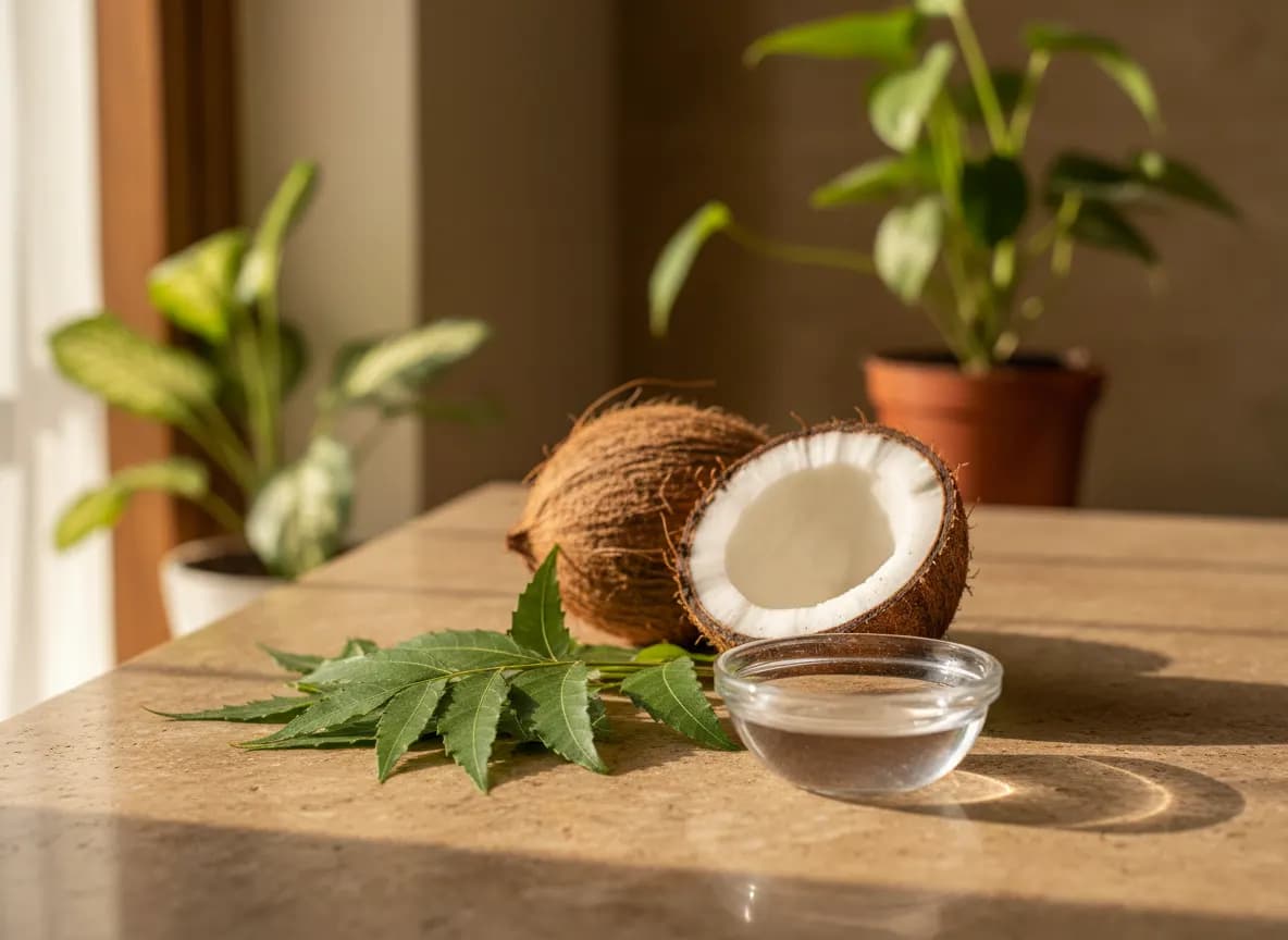 Fresh neem leaves, half a coconut and a small bowl of coconut oil on a rustic stone counter