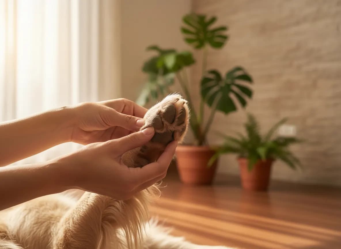 Hands gently spreading a dog’s toes to inspect the paw pads and fur between them