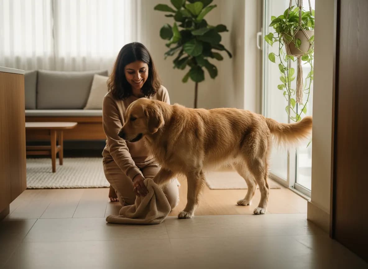 Drying a golden retriever’s paws with a soft towel indoors after a rainy walk