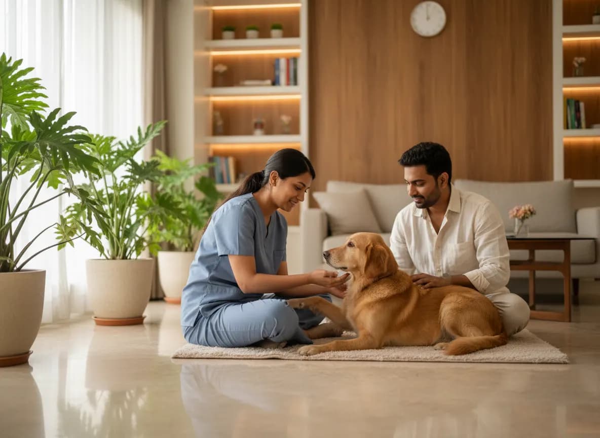A veterinarian examining a dog’s front paw at home while its owner looks on