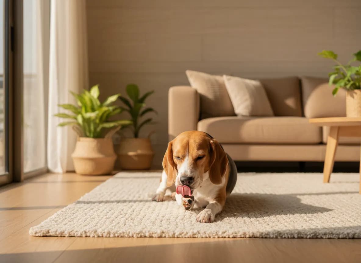 A beagle lying on a rug licking its front paw in soft afternoon light