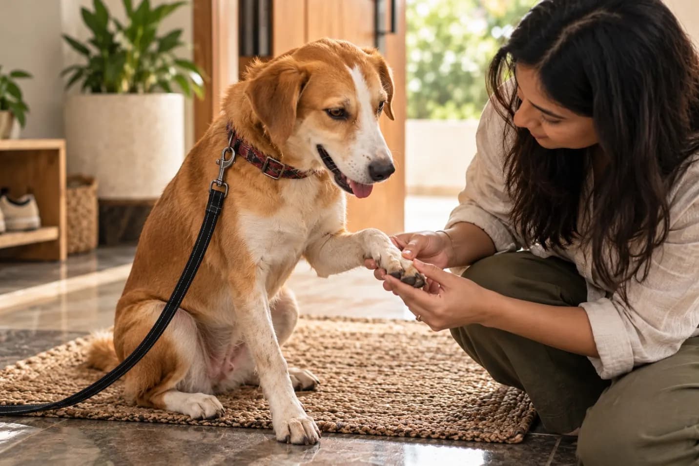 A woman kneeling on a jute doormat to inspect her dog’s paw pads after a walk