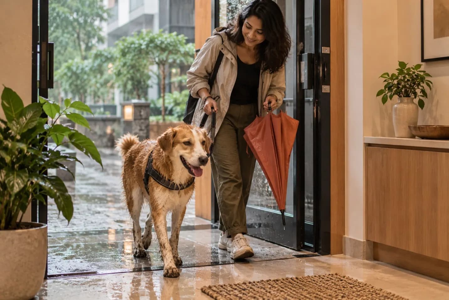 A woman with a folded umbrella walking her wet, mud-splashed dog into an apartment lobby during monsoon rain