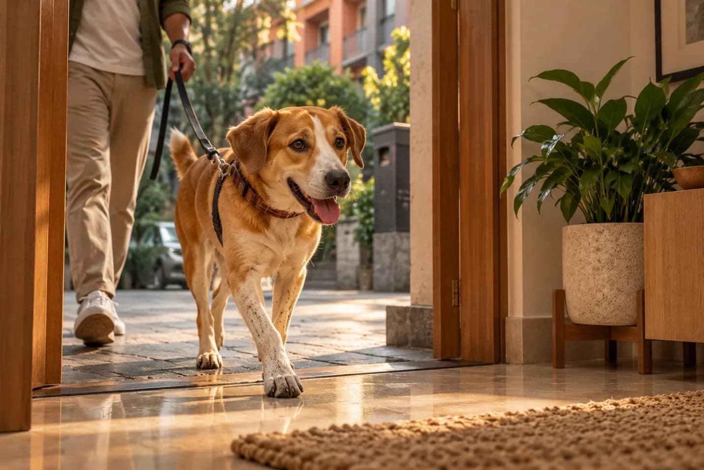 A dog on a lead stepping from a sunlit street across the threshold into an apartment entrance