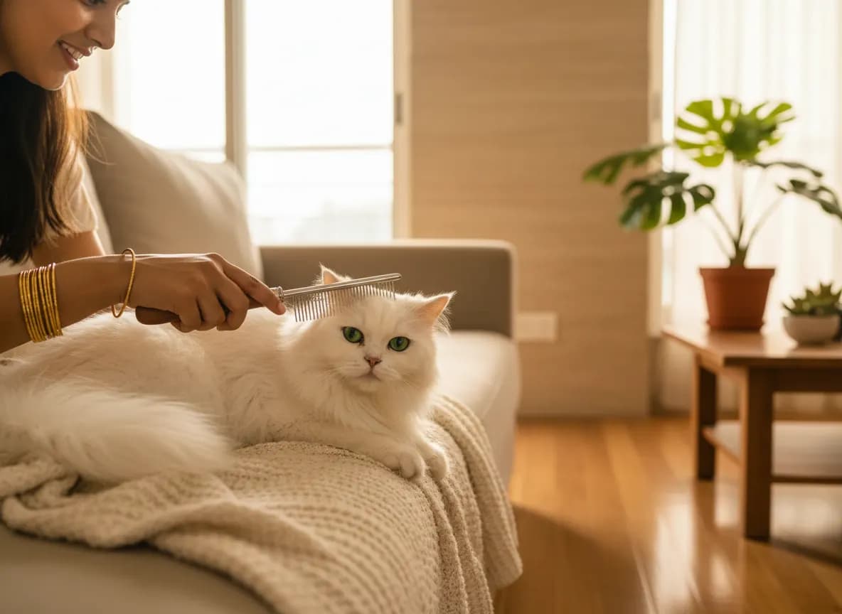 A white Persian cat lying calmly on a soft blanket while a woman combs its long coat with a metal comb