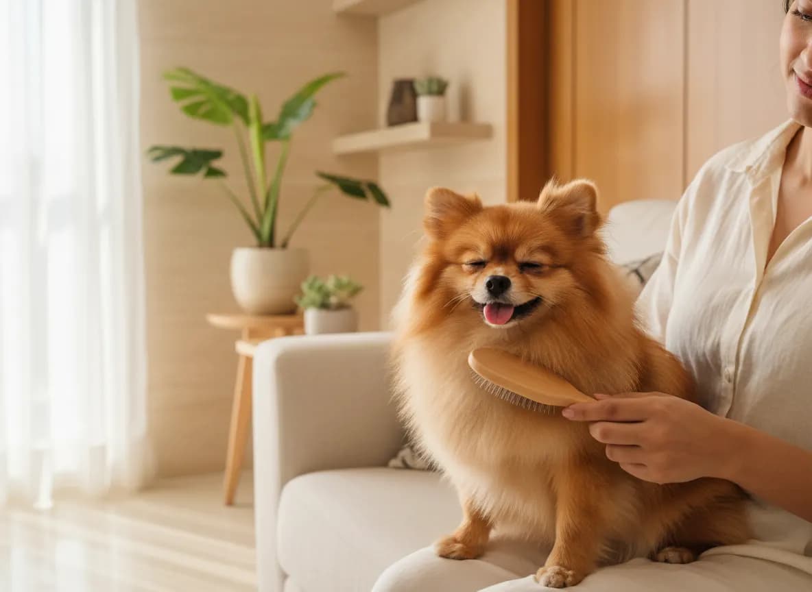 A fluffy orange Pomeranian sitting on a woman’s lap on a cream sofa while she gently brushes its coat