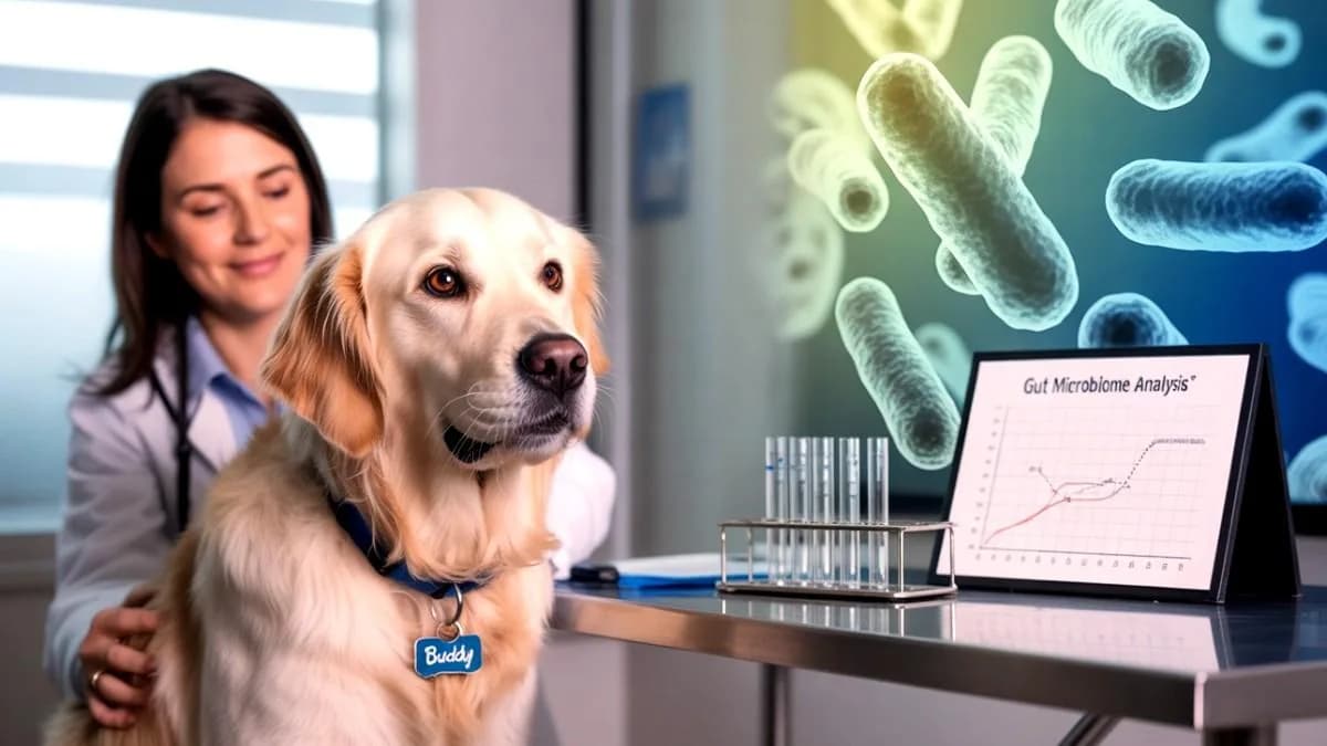 A golden retriever beside a veterinarian, with a gut microbiome analysis chart and magnified bacteria on screen