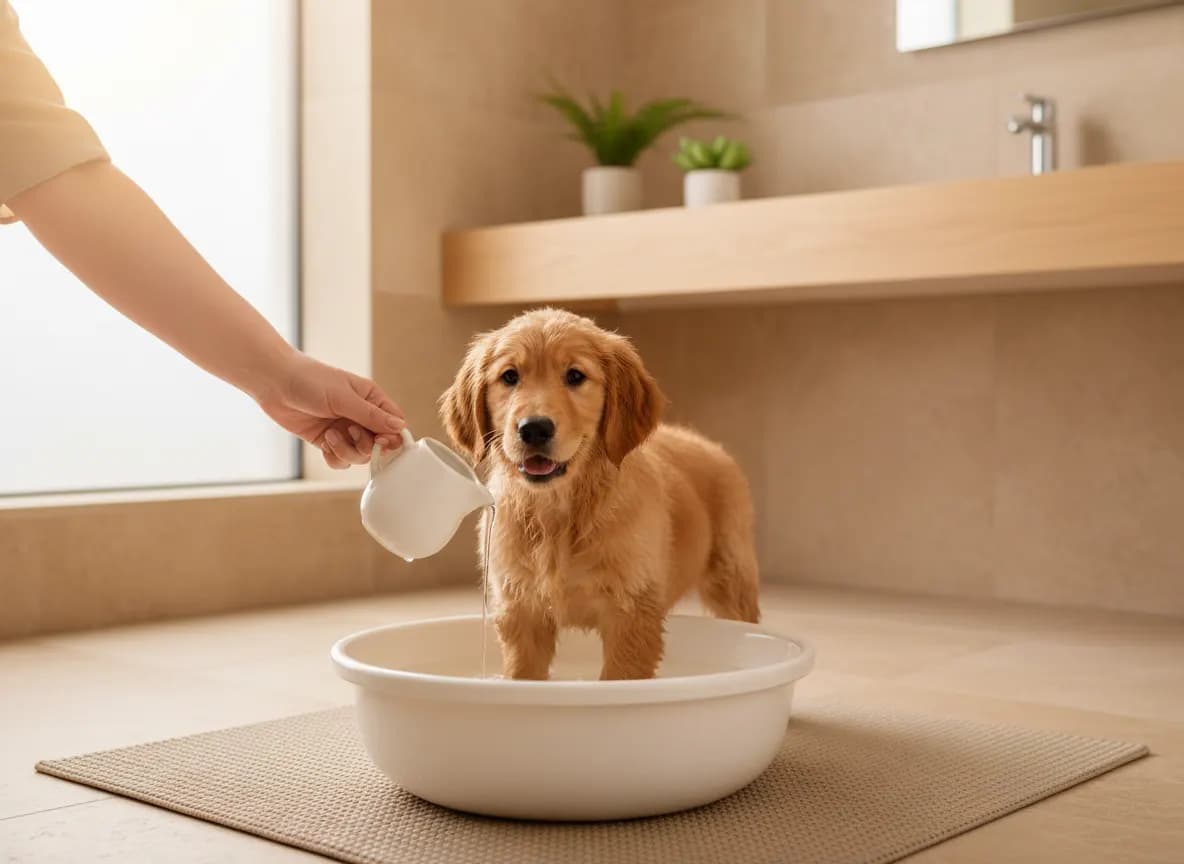 Gentle hands pouring warm water from a jug over a puppy standing in a shallow basin