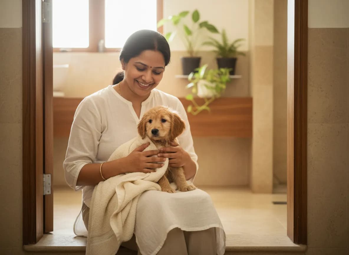A tiny golden puppy wrapped in a soft cream towel on a woman’s lap after its first bath