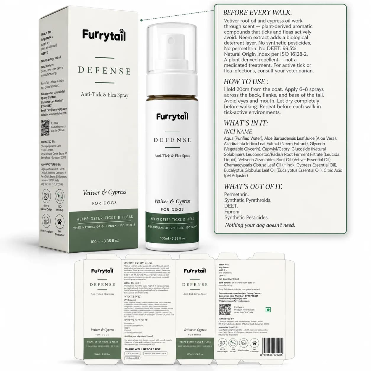 Furry Tail Anti-Tick & Flea Spray packaging showing its full INCI ingredient list alongside a What's In It and What's Out Of It panel