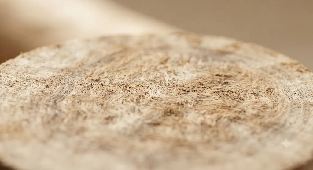 Close-up of the fine grain of sandalwood heartwood in soft natural light