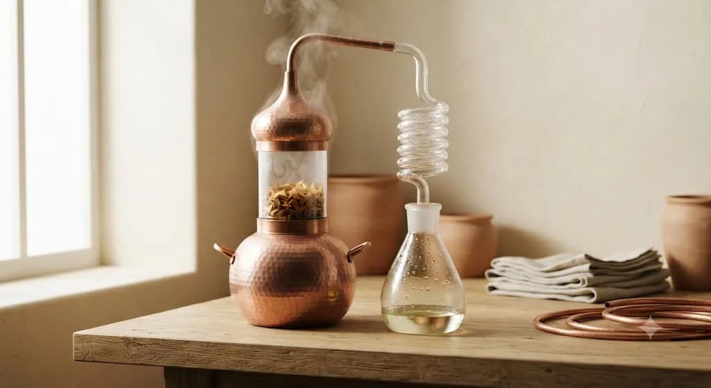 A copper steam-distillation still with sandalwood chips, condensing aromatic oil into a glass flask