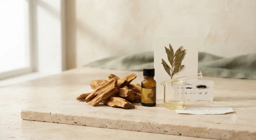 Sandalwood pieces beside an amber bottle of oil, a beaker and handwritten quality-check notes on a stone surface