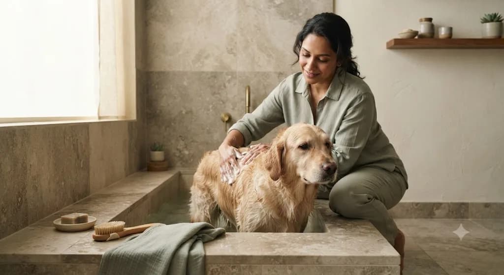 A woman gently bathing her golden retriever in a calm stone bathroom with a towel and brush beside the tub
