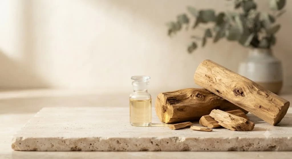 A small glass bottle of sandalwood oil beside pieces of sandalwood heartwood on a travertine slab