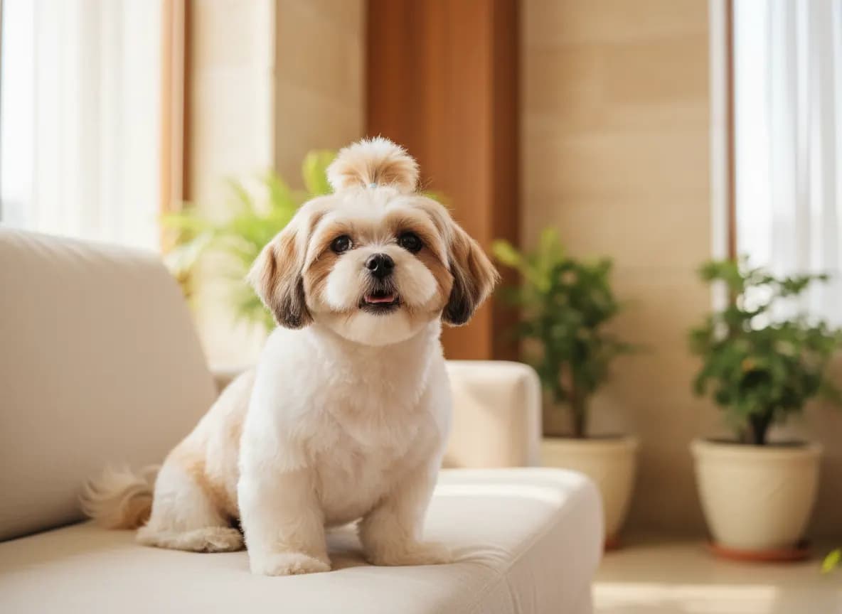 A groomed white and gold Shih Tzu with a top-knot sitting on a cream sofa in a bright apartment