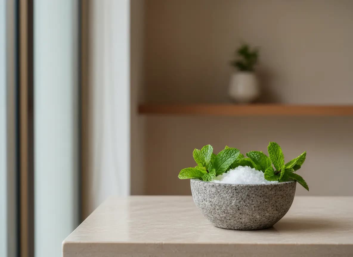 Fresh spearmint sprigs and coarse sea salt crystals in a small stone bowl on a pale counter