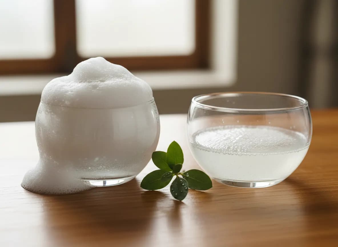 Two bowls side by side, one full of thick foam and one with a thin, gentle lather