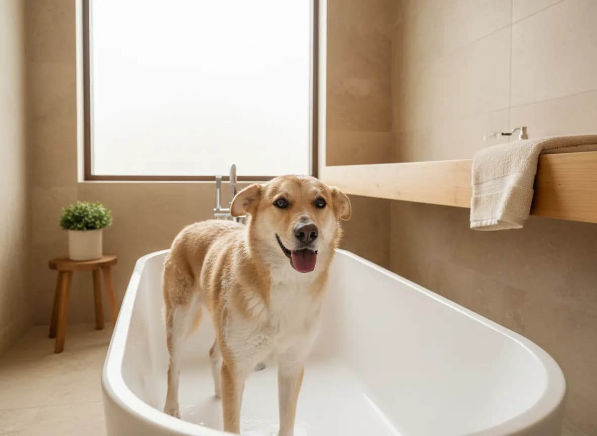 A happy dog standing in a bathtub in a bright bathroom, ready for a gentle bath