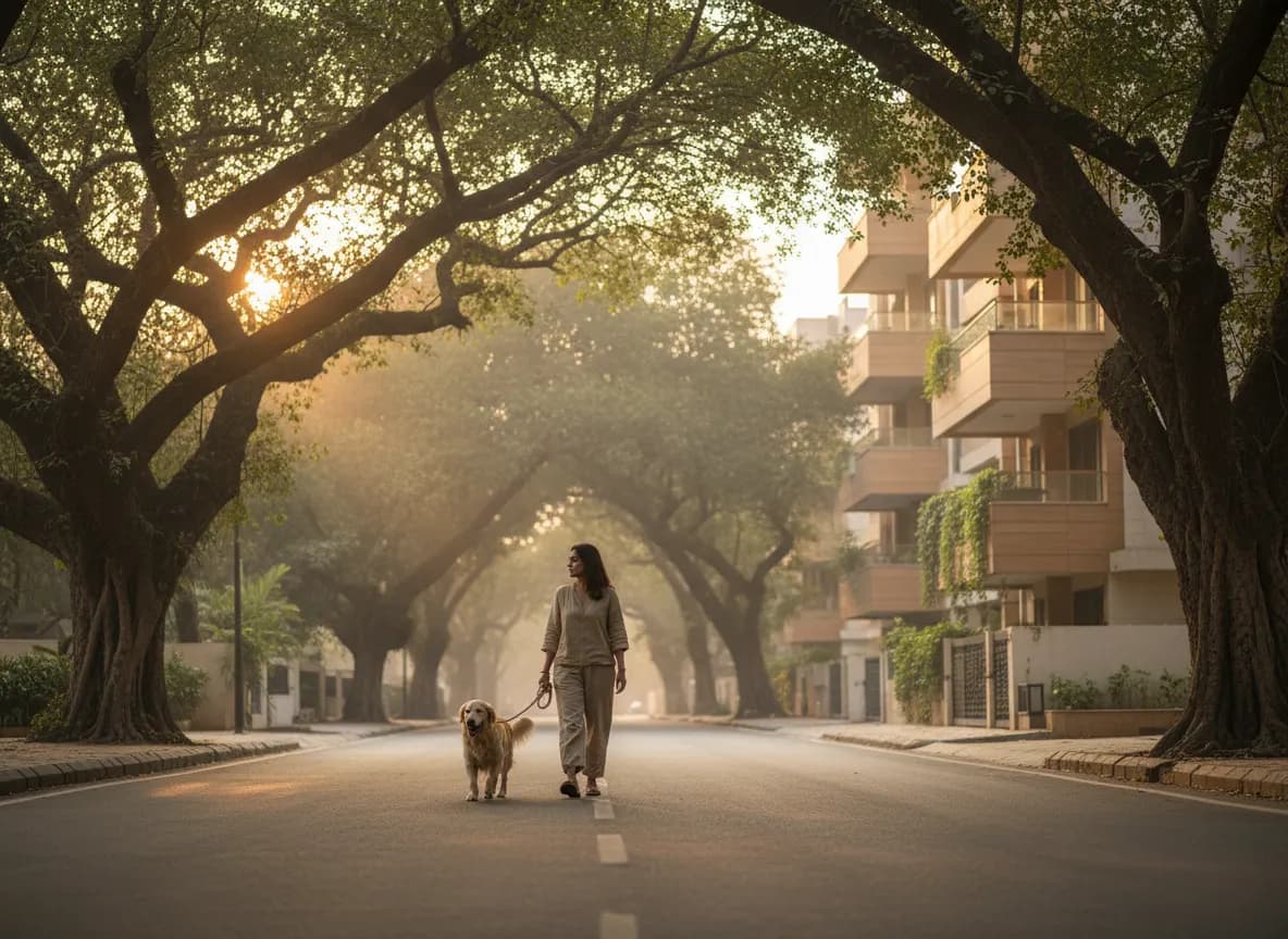 A woman walking her dog on a tree-lined Indian street at sunrise